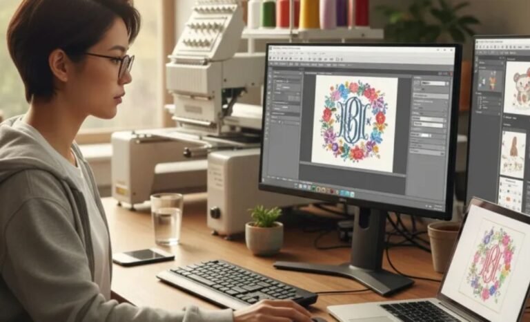 Woman designing a floral monogram on a computer using embrilliance software, with embroidery machine and colorful thread spools in a creative workspace setting.
