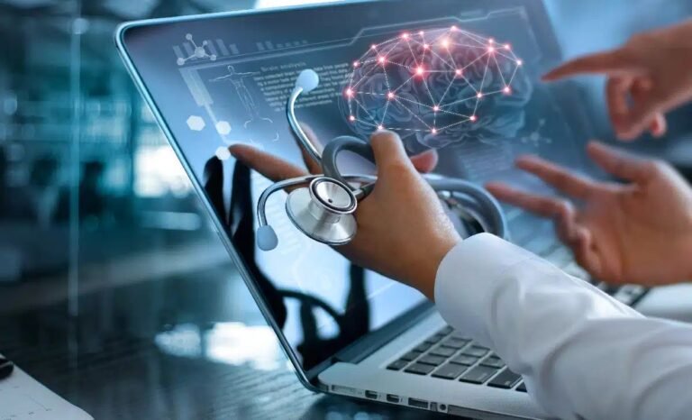 Doctor interacting with a laptop displaying digital medical data, illustrating custom medical software development for improved healthcare management and patient care.