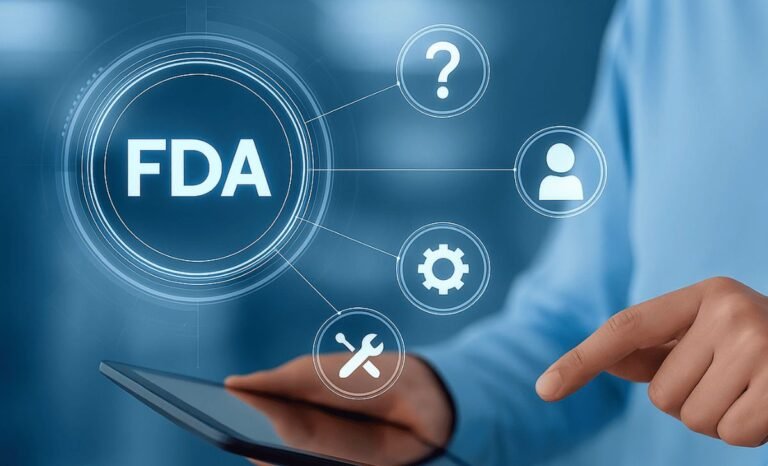 Software Design Specification FDA concept showing FDA interface on digital screen with compliance, documentation, and medical software development icons on tablet.
