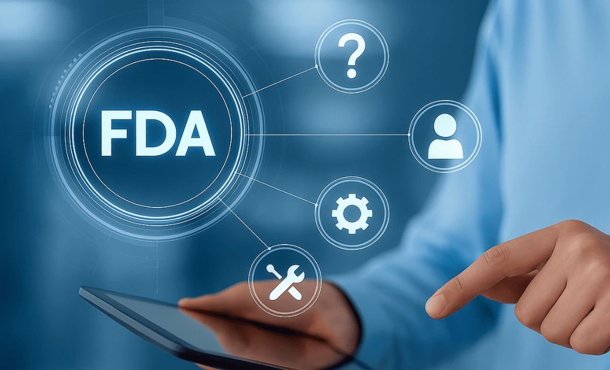 Software Design Specification FDA concept showing FDA interface on digital screen with compliance, documentation, and medical software development icons on tablet.